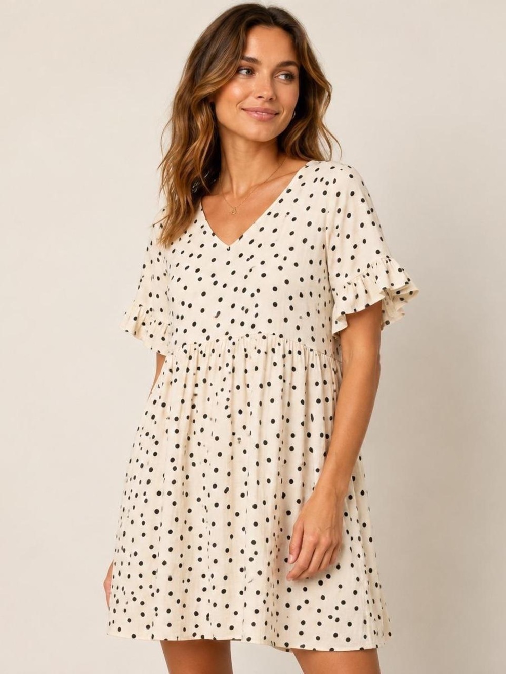 Madewell Cream and Black Polka Dot V-Neck Babydoll Dress